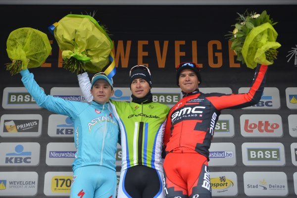 Podium wyścigu - Borut Bozic (Astana), Peter Sagan (Cannondale) i Greg Van Avermaet (BMC Racing)