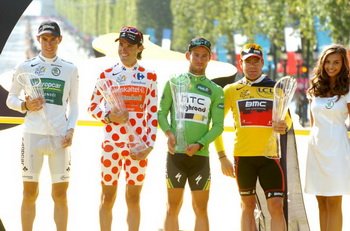 Zwycięzcy klasyfikacji - Pierre Rolland (Europcar), Samuel Sanchez (Euskaltel Euskadi), Mark Cavendish (HTC-Highroad) i Cadel Evans (BMC Racing)